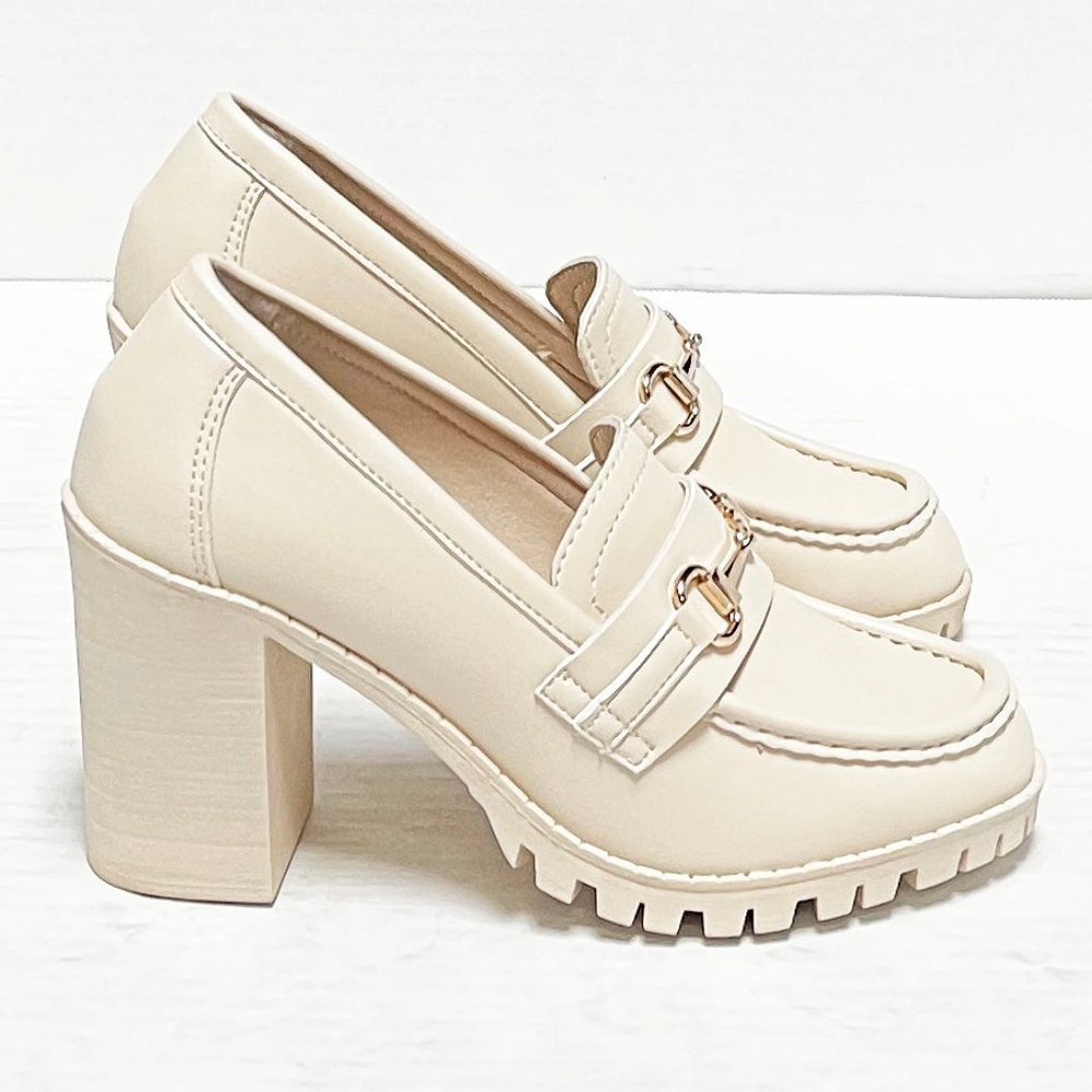 New Bone Beige Platform Heel Penny Loafers